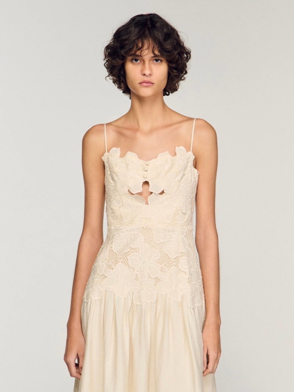 Sandro guipure Lace Bodice Spaghetti Strap Midi Dress in Cream - Picture 2 of 6